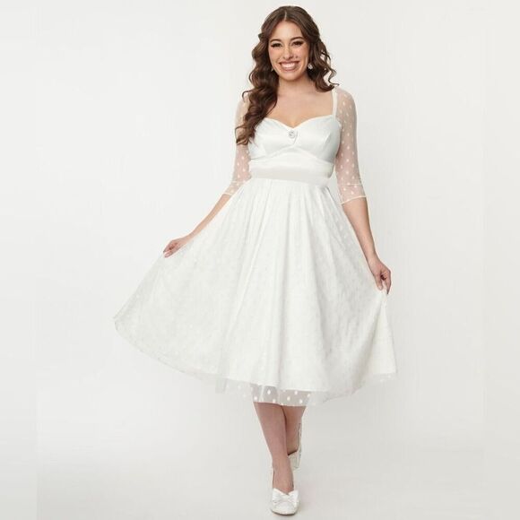Unique Vintage Dress‎ Size Medium Ivory Polka Dot Lamar Wedding Bridal Swing - Picture 1 of 10